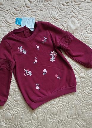 Новый свитшот waikiki на 4-5 р девочке бордовый  толстовка с вышивкой и кружево нарядный  свитер джемпер кофта реглан