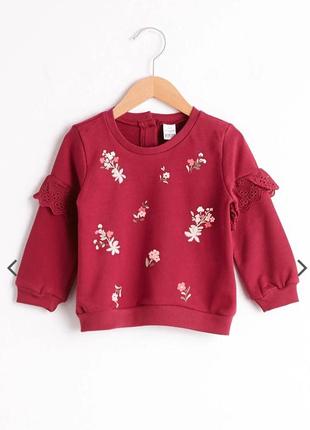 Новый свитшот waikiki на 4-5 р девочке бордовый  толстовка с вышивкой и кружево нарядный  свитер джемпер кофта реглан