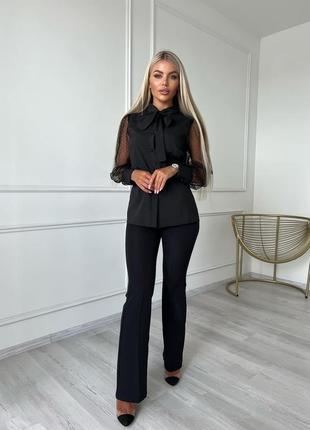 Нарядная красивая черная женская блузка с длинными рукавами из сетки и бантом 42-44,46-48