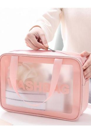Косметичка/органайзер/несесер/сумка для косметики прозора водонепроникна велика рожева washbag7 фото
