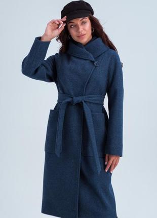 Пальто женское шерстяное  миди с капюшоном , демисезонное, осеннее, весеннее, джинс 443 фото