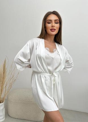 Шелковая белая пижама с кружевом / пижама с кружком7 фото