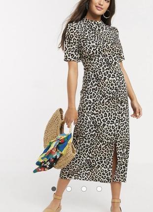 Чайное платье миди с леопардовым принтом и разрезом asos design