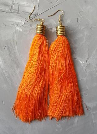 Серьги висячие нитки нити яркие тканевые серьги бохо этнические оранжевые прямые длинные2 фото