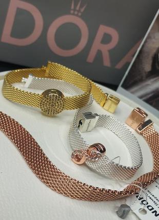 Браслет набор шармы-клипсы пандора серебро 925 проба цирконий розовое золото рефлекс круг бесконечность камни клипса шарм логотип широкий 597712