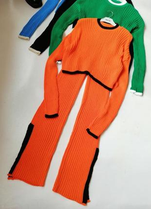 Стильный костюм нежный мягкий кашемир в рубчик укороченный свитер с удлиненными рукавами длинные брю6 фото