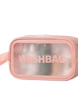 Косметичка/органайзер/несесер/сумка для косметики прозора водонепроникна велика washbag рожева1 фото