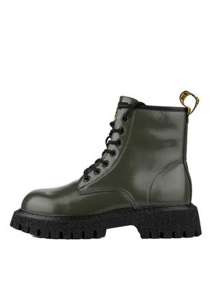Ботинки деми с флисом кожаные зеленые черные на шнуровке4 фото
