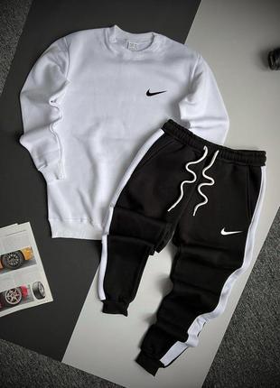 Чоловічий зимовий спортивний костюм nike білий із чорним  ⁇  утеплений комплект найк світшот і штани на флісі