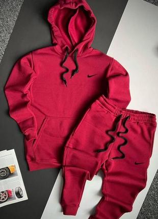 Мужской зимний спортивный костюм nike бордовый | утепленный комплект найк худи и штаны
