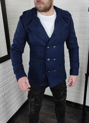 Пальто двобортне з кашеміру з капюшоном темно-синє2 фото
