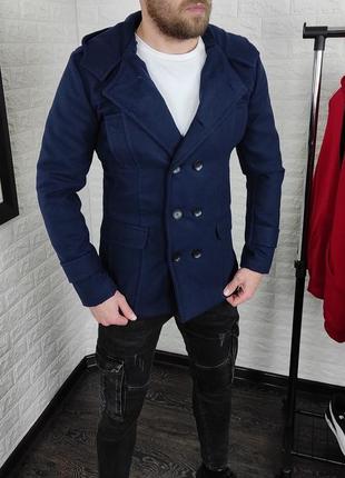 Пальто двобортне з кашеміру з капюшоном темно-синє1 фото