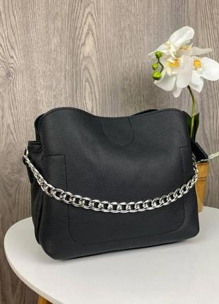 Жіноча шкіряна сумка з ланцюжком, якісна сумочка на плече з натуральної шкіри чорна2 фото