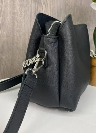 Жіноча шкіряна сумка з ланцюжком, якісна сумочка на плече з натуральної шкіри чорна7 фото