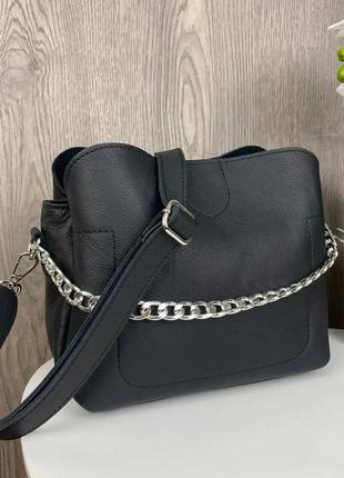 Жіноча шкіряна сумка з ланцюжком, якісна сумочка на плече з натуральної шкіри чорна4 фото