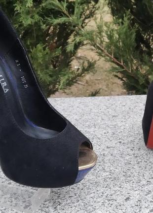 Туфли женские 35 из экозамши синий каблук черные3 фото
