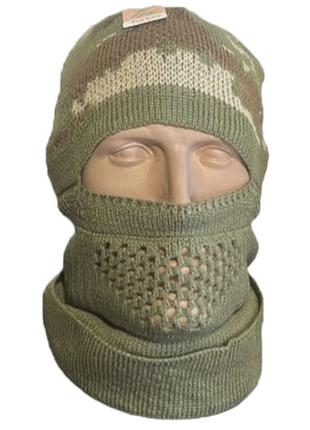 Тактична зимова шапка-балаклава 2 в 1 в кольорі хакі. тепла військова маска