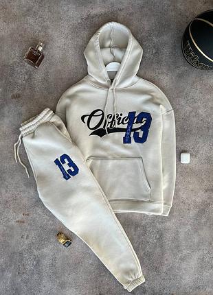 Теплий спортивний костюм на флісі / чоловічі костюми з принтами бежевий