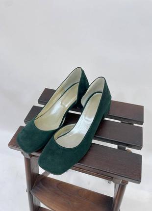 Женские туфли из натуральной замши изумрудного цвета на каблуке 4 см2 фото