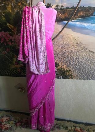 Сарі з індії рожеве крепдешин камені паєтки, бісер стеклярус4 фото
