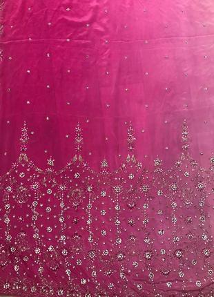 Сари из индии розовое крепдешин камни паетки бисер стеклярус6 фото