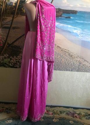 Сарі з індії рожеве крепдешин камені паєтки, бісер стеклярус10 фото