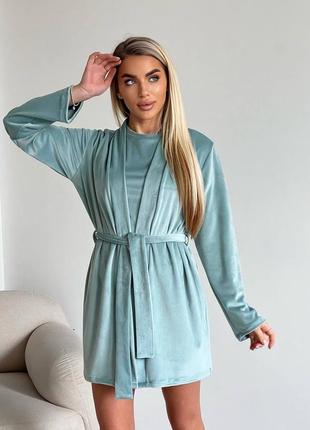 Женская пиджама велюровая плюшевая тройка с халатом шортами мята бирюзовая5 фото