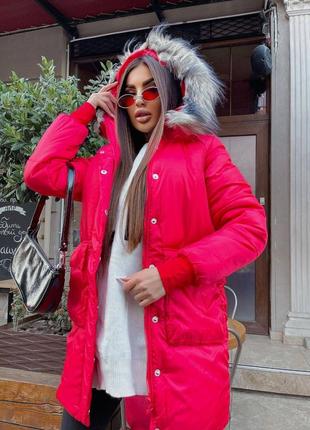 Женское зимнее пальто красное с карманами с капюшоном на синтепоне на подкладке теплое однотонное куртка8 фото