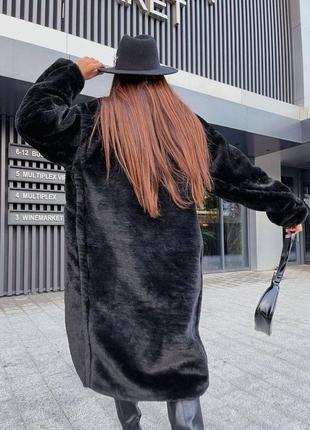 Черная шуба из эко шерсти мутон на подкладке с карманами теплая стильная трендовая миди3 фото
