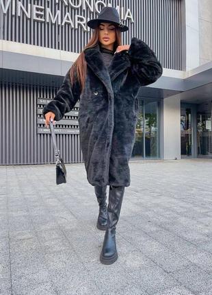 Черная шуба из эко шерсти мутон на подкладке с карманами теплая стильная трендовая миди2 фото