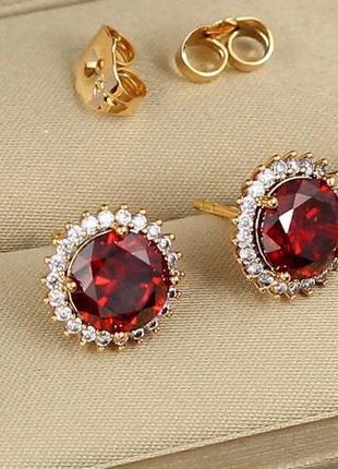 Сережки гвоздики xuping jewelry соняшник з червоним каменем 1.2 см золотисті2 фото