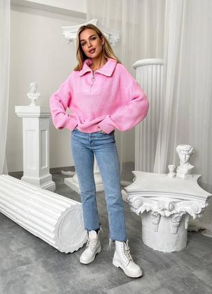 Женская теплая розовая кофта свитер цвета кемел из шерстяной нитки с молнией на горловине с воротником с м л 44 46 48 s m l2 фото