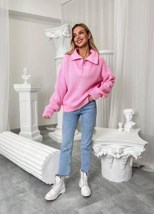 Женская теплая розовая кофта свитер цвета кемел из шерстяной нитки с молнией на горловине с воротником с м л 44 46 48 s m l7 фото