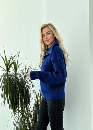 Женская теплая синяя кофта свитер цвета электрик из шерстяной нитки с молнией на горловине с воротником с м л 44 46 48 s m l6 фото