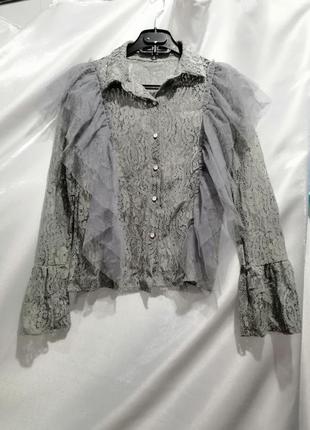 Прозрачная блуза рубашка  кружево воланы гипюр прозора блуза сорочка мереживо волани гіпюр