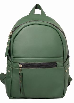 Рюкзак зеленый женский кожаный эко стильный заклепки городской вместительный6 фото