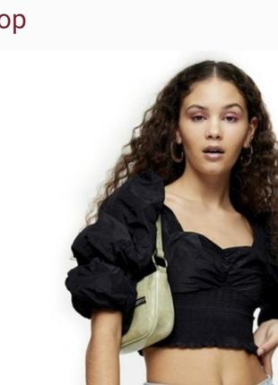 Topshop шикарная черная блузка кроп топ рубашка  блуза кофта с рукавами волан воланами с пышными zara  рукавами укорочения чёрная3 фото