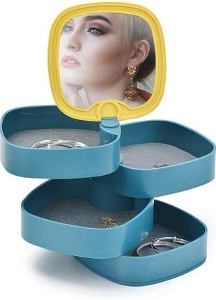 Шкатулка органайзер  для хранения ювелирных украшений с зеркалом rotating jewelry organizer ld-688 синяя1 фото