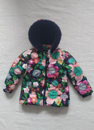 Стеганая курточка еврозима/ холодная осень на флисе яркий цветочный принт george u9 2-3 eur 92-98