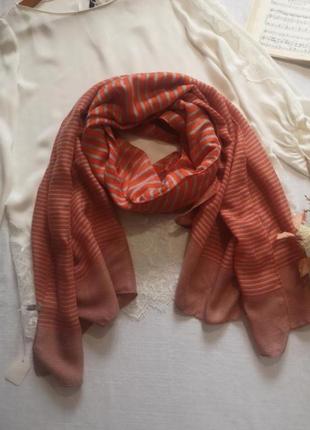 Итальянский, шарф, палантин, полосатый, в полоску, коралловый, белый, новый,2 фото