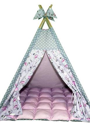 Вігвам хатка комплект балерини з м'яким килимком рожевий з сірим код товару: 4335618