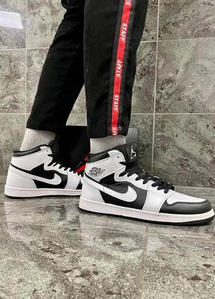 Мужские высокие кожаные кроссовки nike air jordan 1 white / black (кожа)#найк8 фото