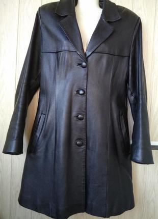 Стильная чёрная качественная кожаная удлинённая куртка пиджак плащ тренч3 фото