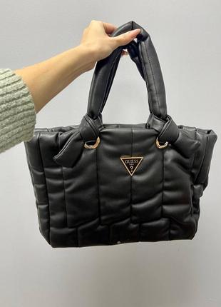 Женская черная кожаная сумка сумочка в стиле guess puffer black