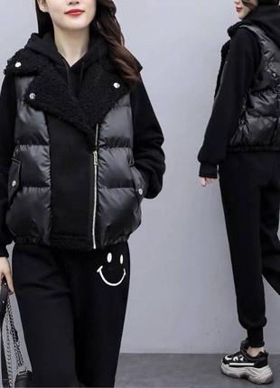 Костюм спортивний прогулочний трійка жилетка баранець худі з капюшоном на флісі теплий...