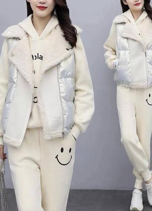 Костюм спортивний прогулочний трійка жилетка баранець худі з капюшоном на флісі теплий...