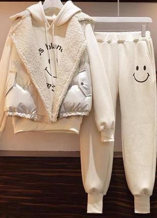 Костюм спортивний прогулочний трійка жилетка баранець худі з капюшоном на флісі теплий...