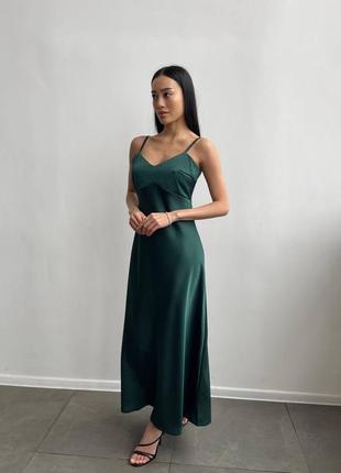 Зелёное шелковое платье комбинация бутылочного цвета макси5 фото