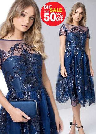 Новое шикарное платье chi chi london размер l распродажа синее миди до колена вечернее свадебное праздничное