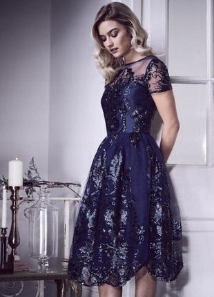 Новое шикарное платье chi chi london размер l распродажа синее миди до колена вечернее свадебное праздничное7 фото